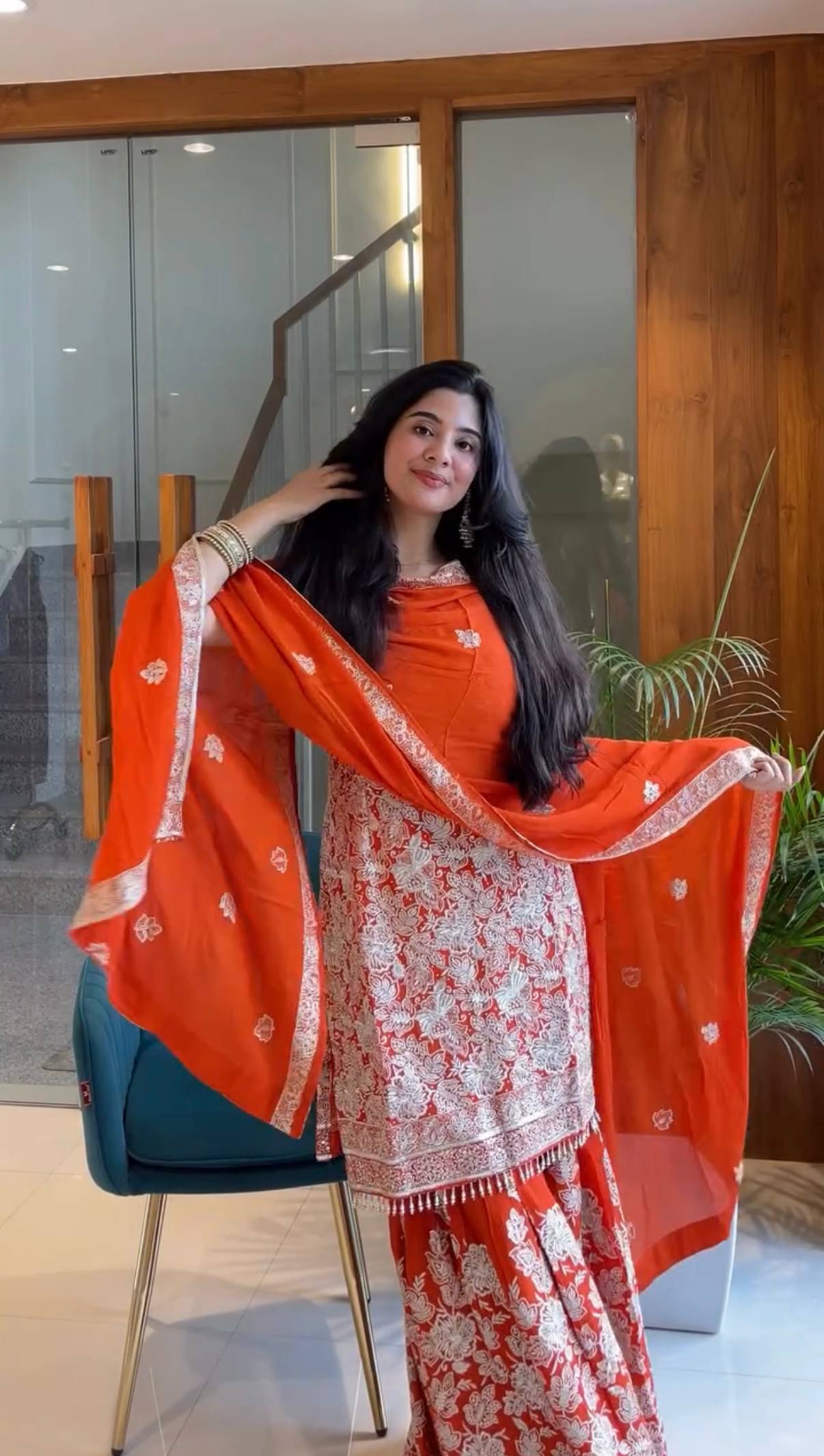 Elegant Red Sharara Suit with Intricate White Embroidery