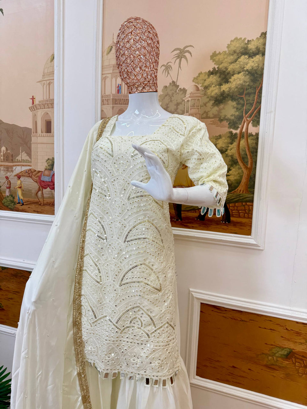 Elegant Off-White Sharara Suit with Intricate Sequin Work