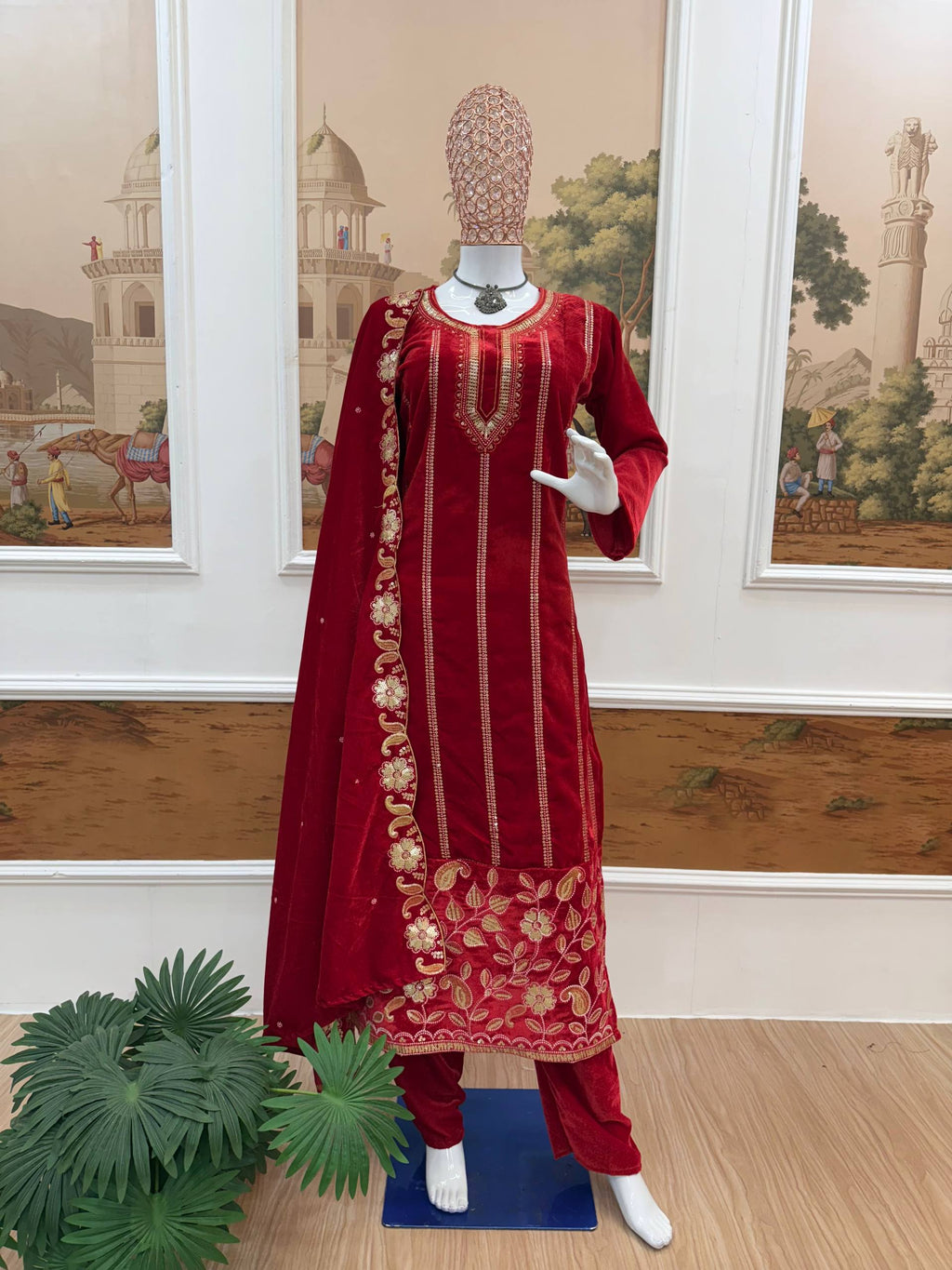 Regal Red Velvet Suit with Elaborate Gold Embroidery