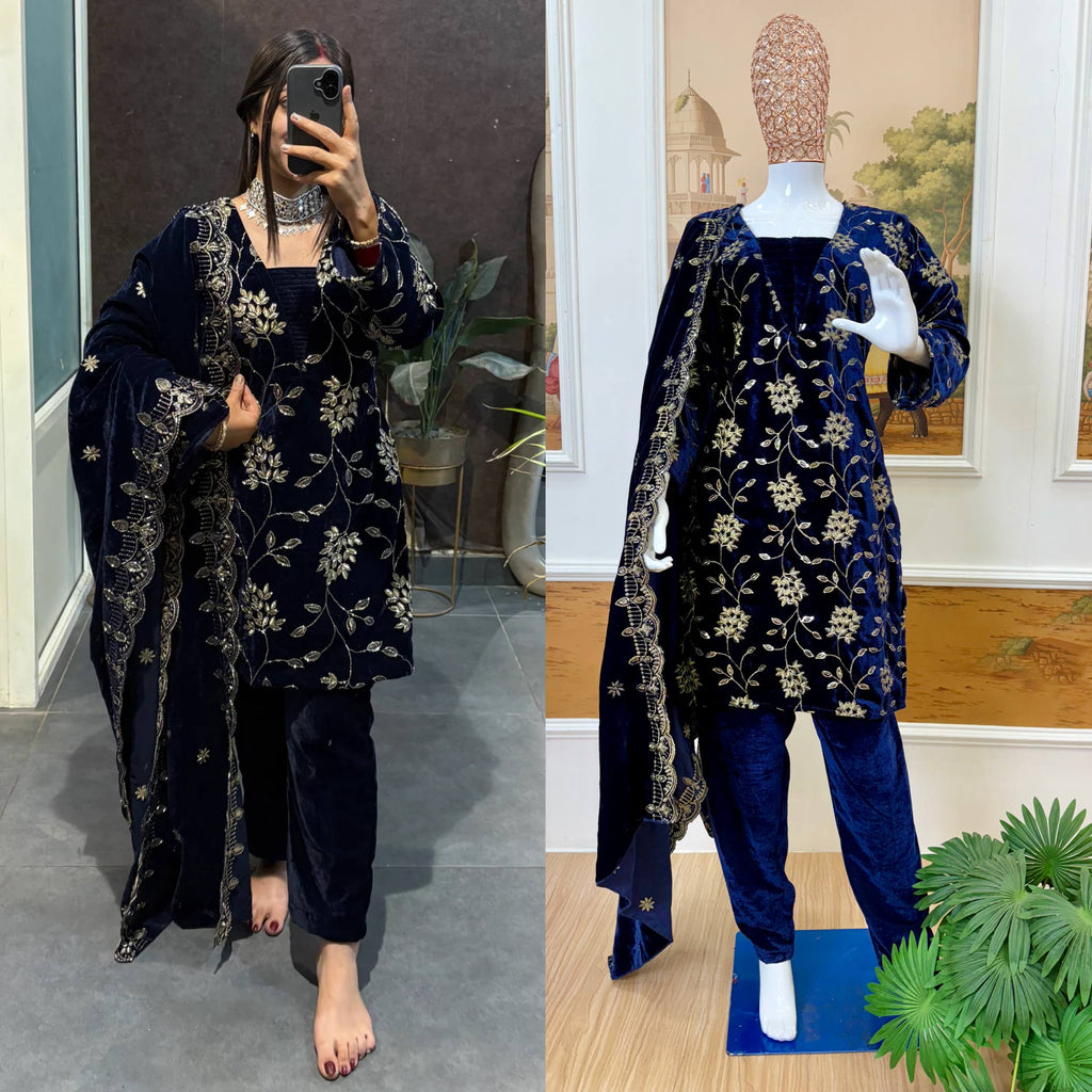 Luxurious Velvet Kurta Set with Gold Embroidery