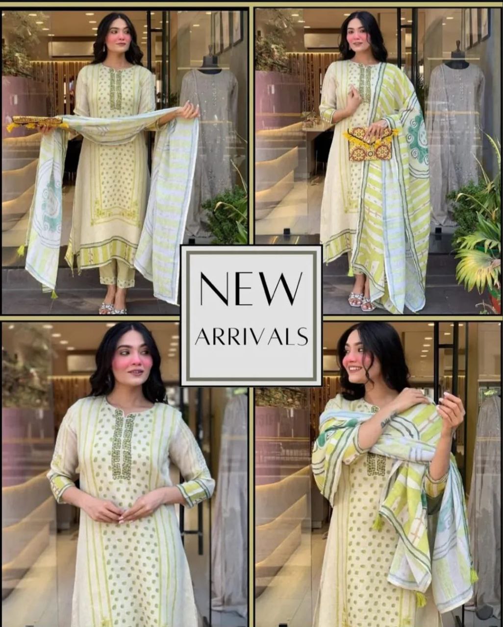 Stylish Ivory Green Kurta Set with Dupatta & Pants