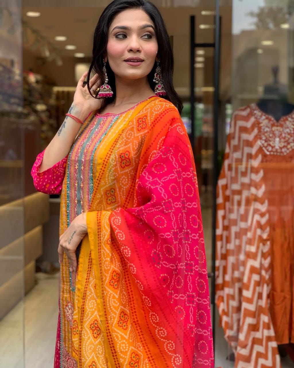 Vibrant Pink & Orange Printed Suit with Ethnic Dupatta