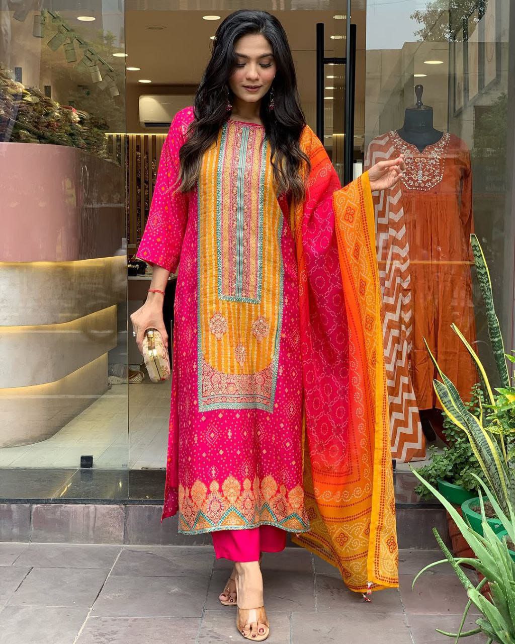 Vibrant Pink & Orange Printed Suit with Ethnic Dupatta