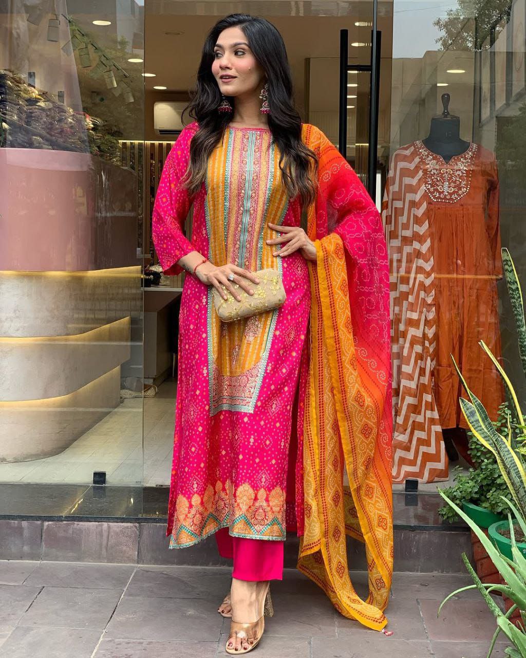 Vibrant Pink & Orange Printed Suit with Ethnic Dupatta