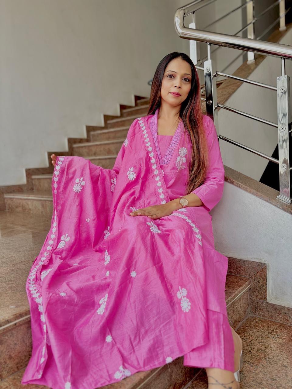 Pink Embroidered Suit with Matching Dupatta & Pants