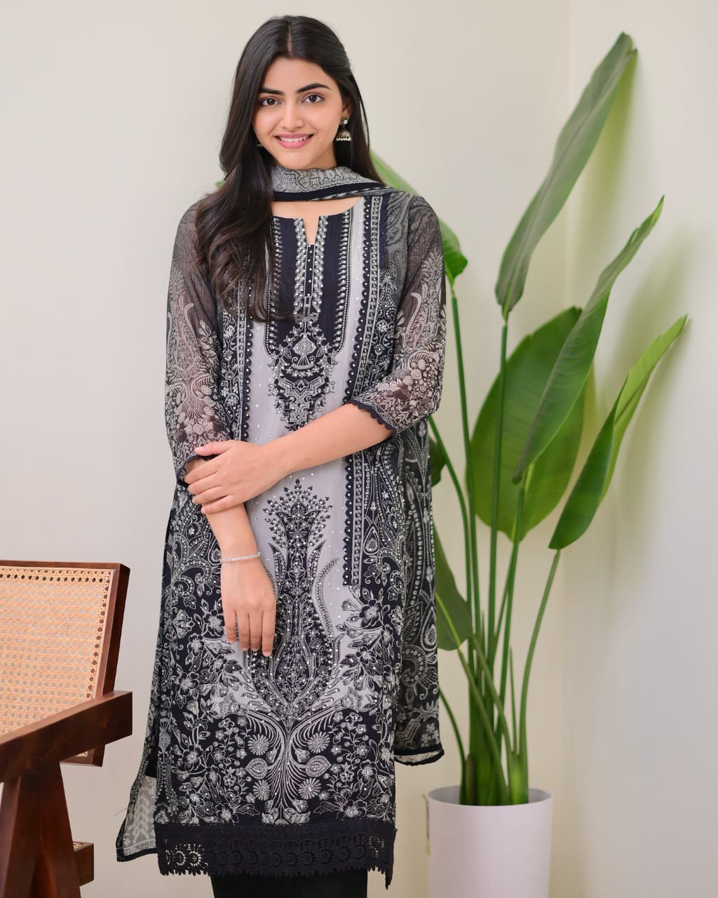 Elegant Organza Silk Black & Grey Printed Suit with Dupatta
