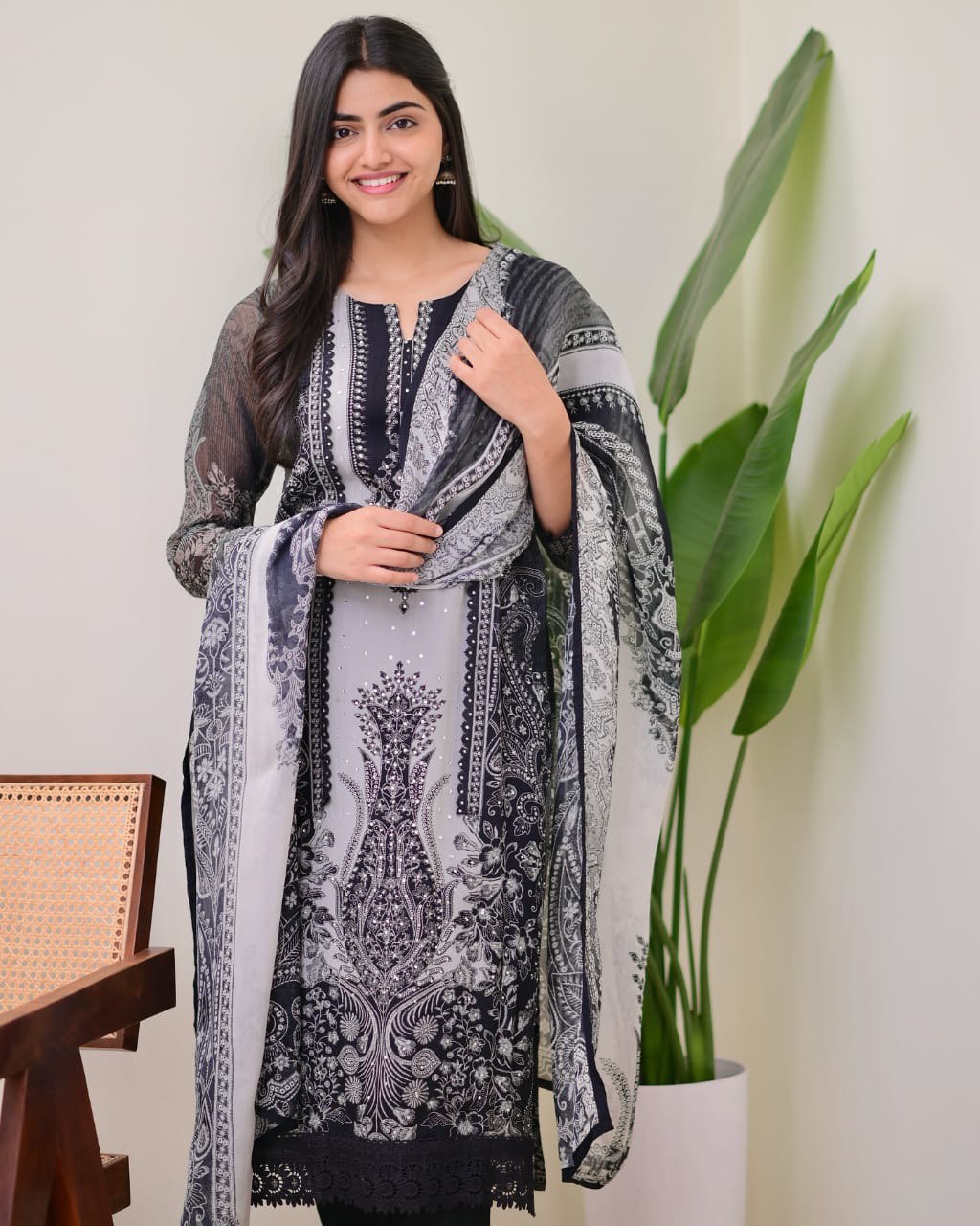 Elegant Organza Silk Black & Grey Printed Suit with Dupatta
