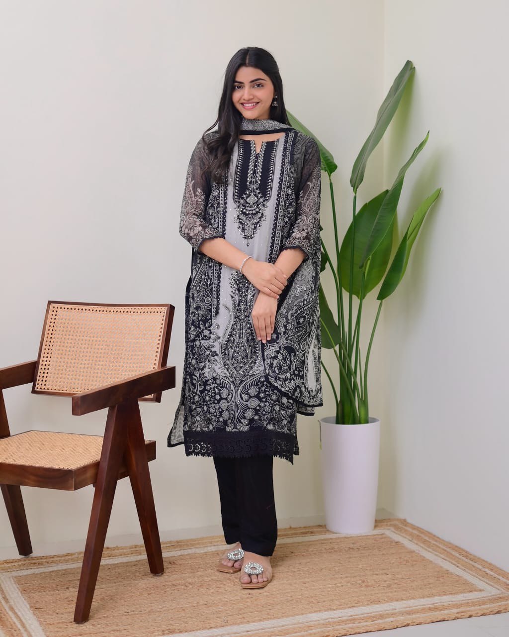 Elegant Organza Silk Black & Grey Printed Suit with Dupatta