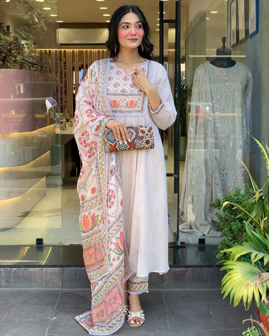 Pastel-Toned Set Crafted Mul Chanderi 3 Pcs Suit Set