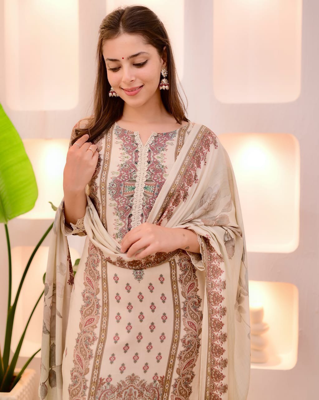 Elegant Soft Muslin Cream & Beige Printed Kurta Set with Dupatta