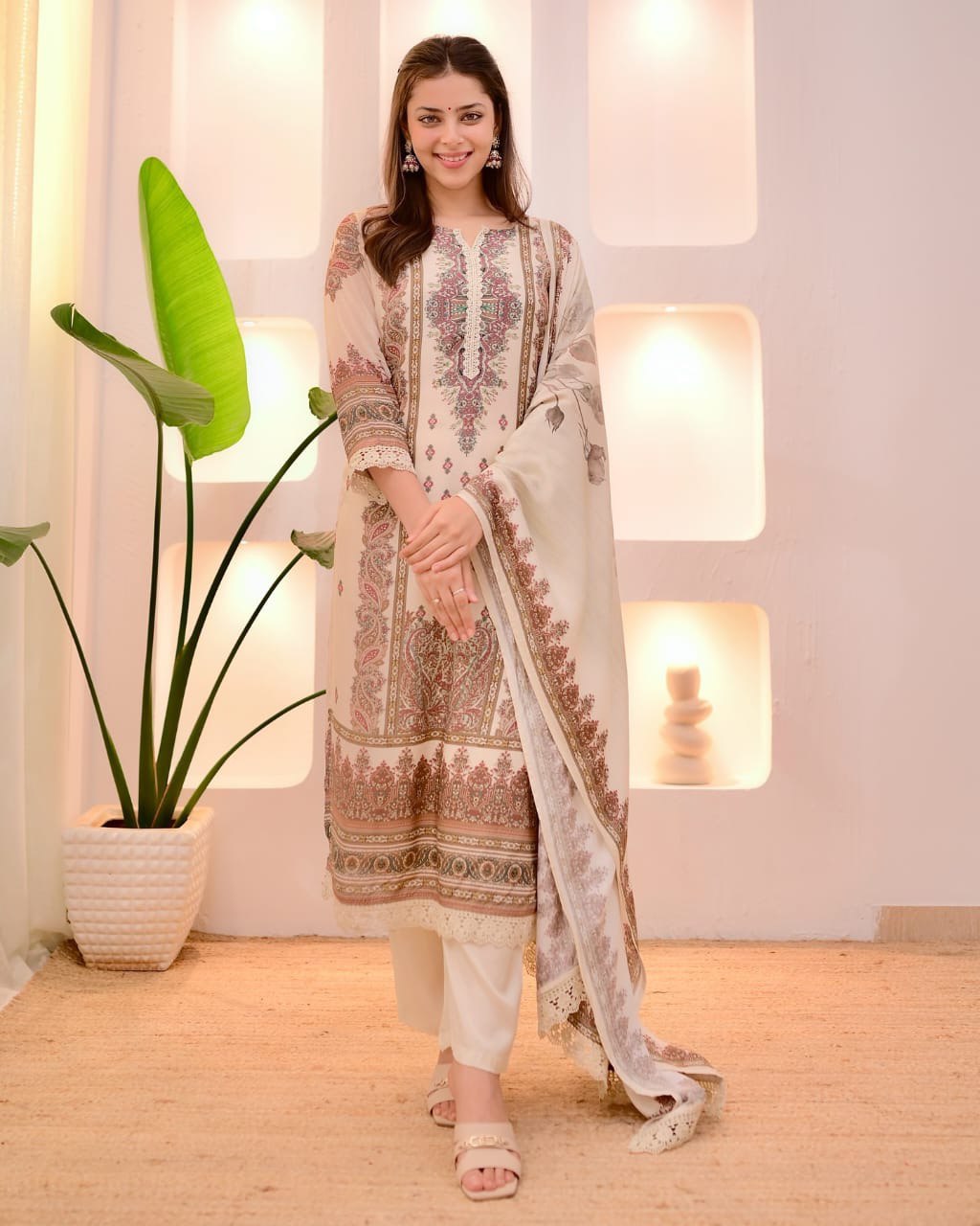 Elegant Soft Muslin Cream & Beige Printed Kurta Set with Dupatta