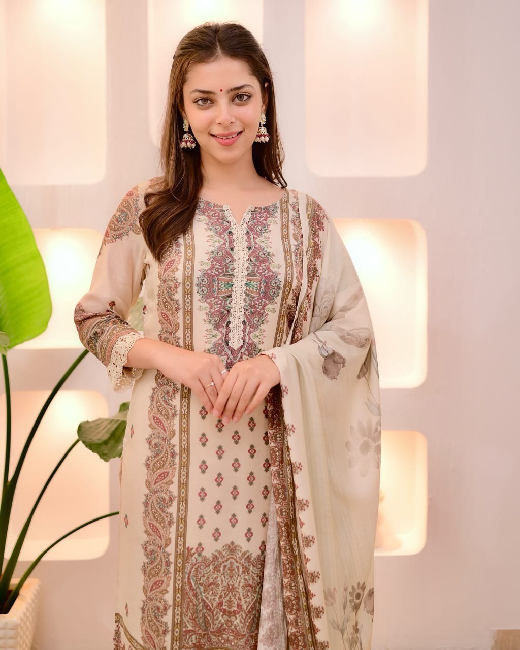 Elegant Soft Muslin Cream & Beige Printed Kurta Set with Dupatta