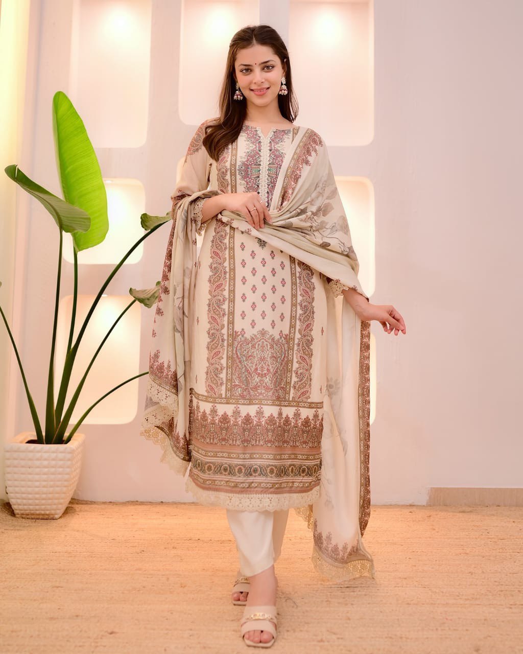 Elegant Soft Muslin Cream & Beige Printed Kurta Set with Dupatta