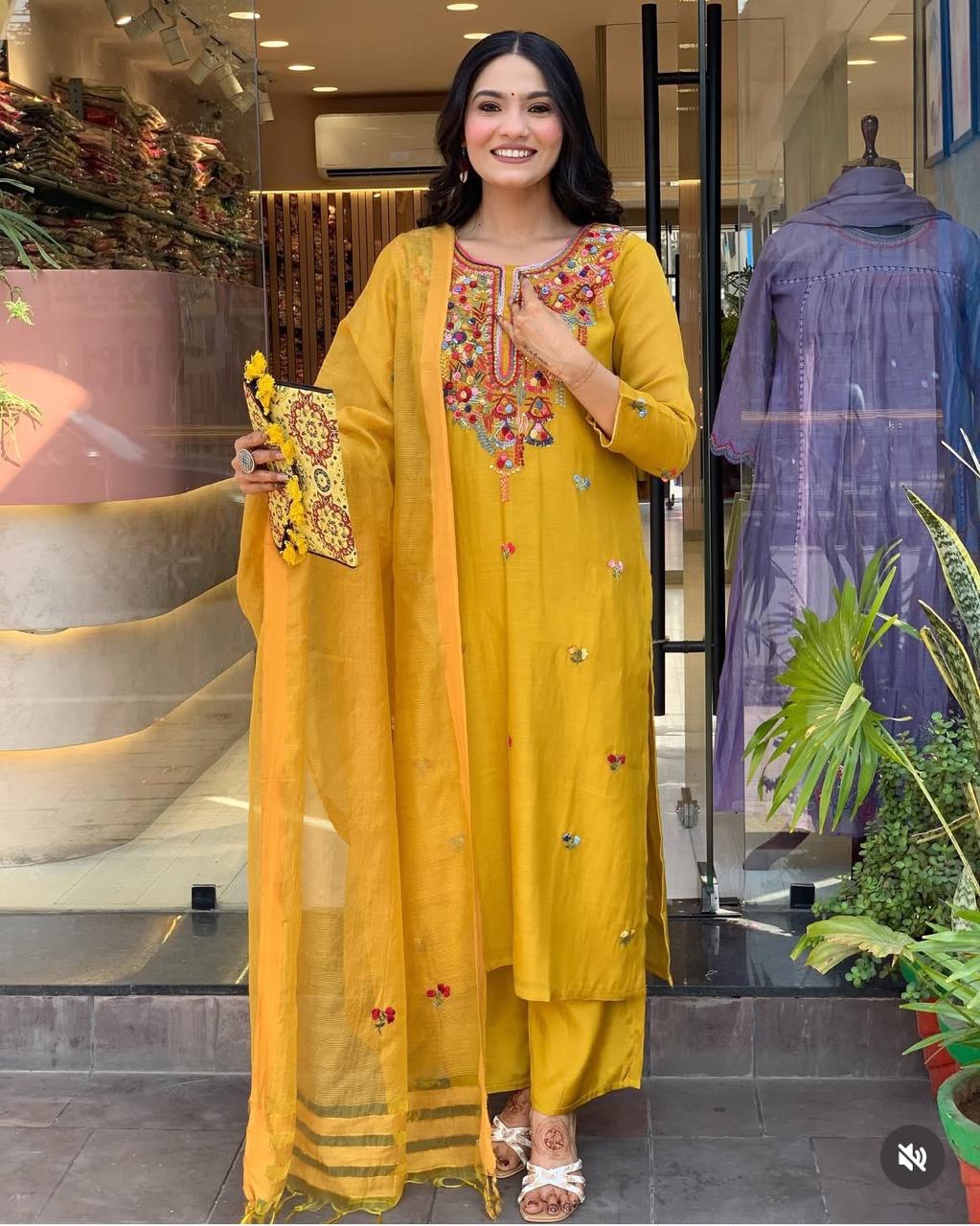Pure Mul Chanderi Sunshine Yellow Kurta Set with Dupatta