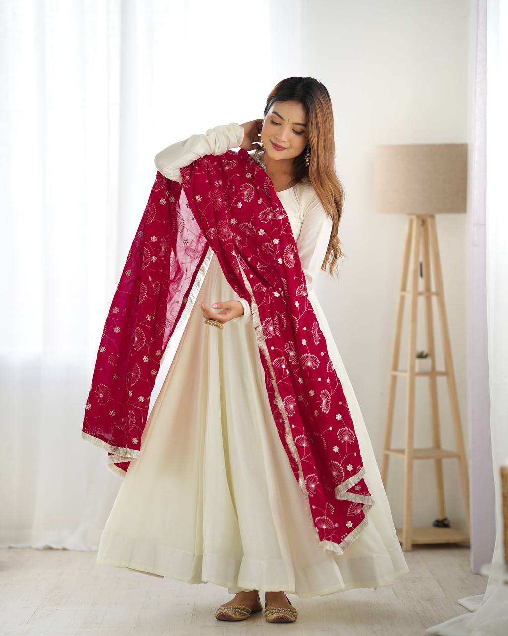Elegant White Anarkali with Contrast Red Printed Dupatta