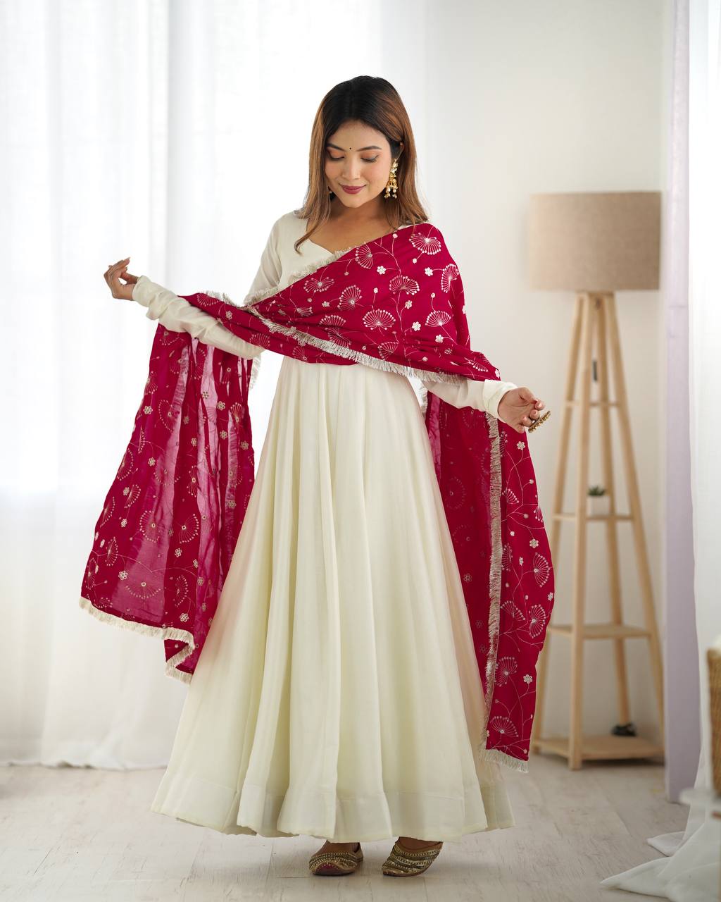 Elegant White Anarkali with Contrast Red Printed Dupatta