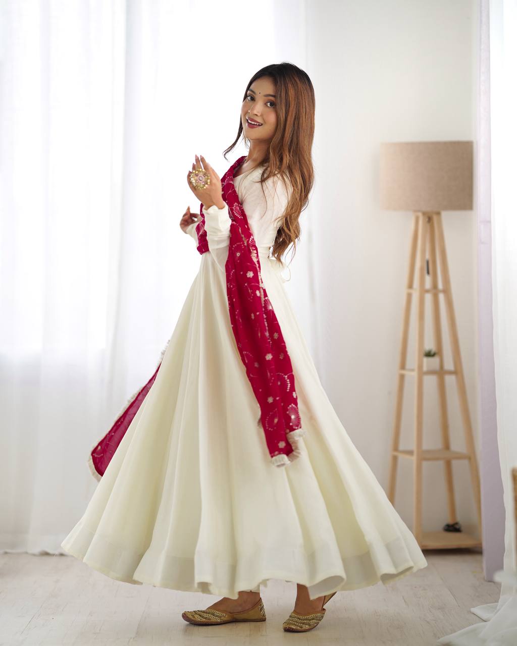 Elegant White Anarkali with Contrast Red Printed Dupatta