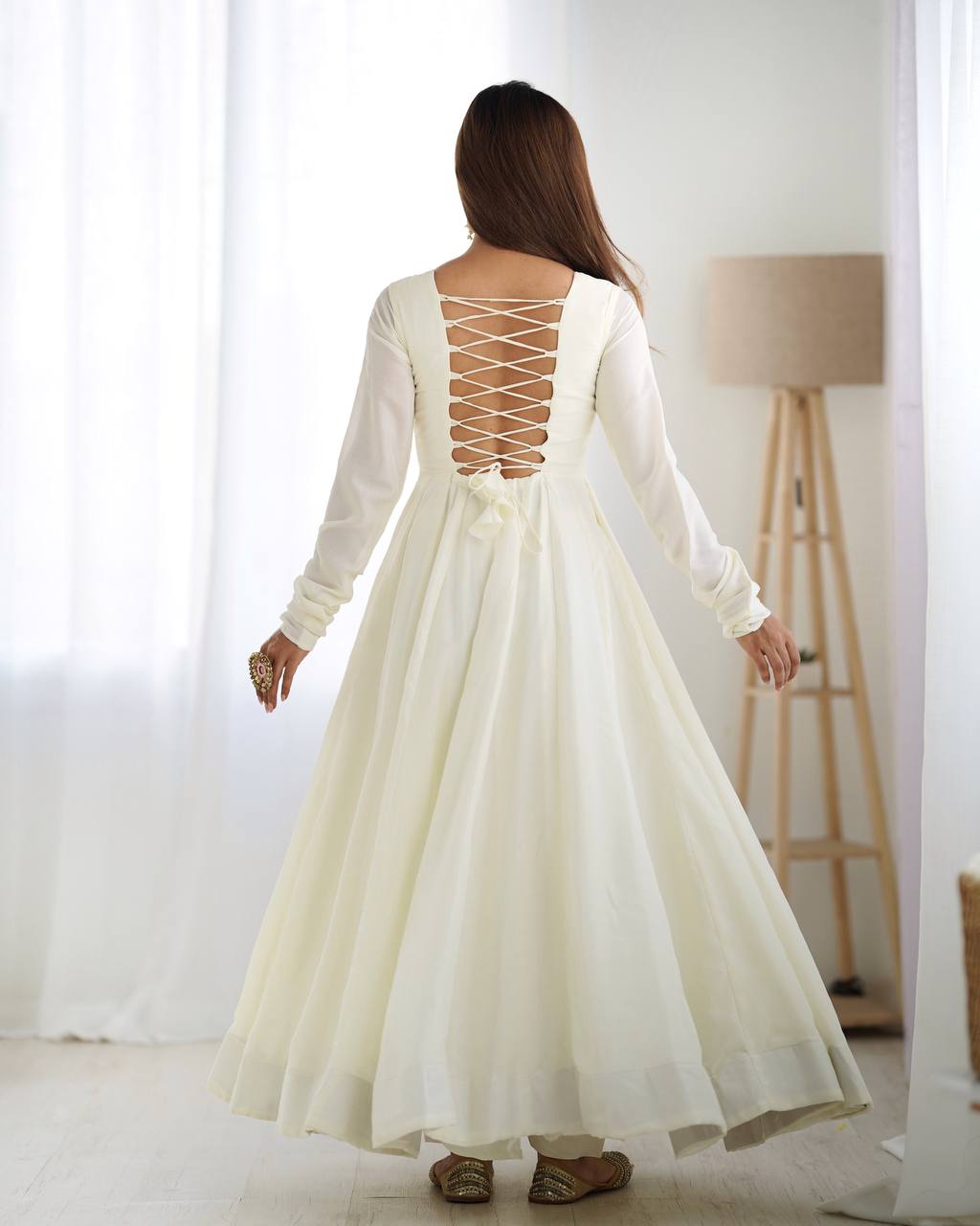 Elegant White Anarkali with Contrast Red Printed Dupatta