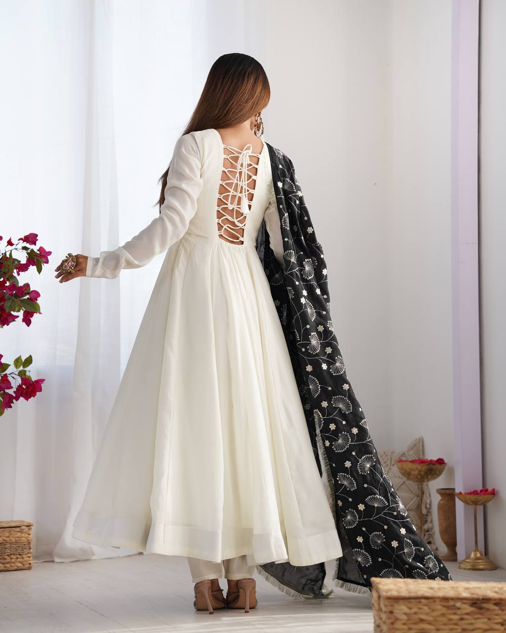 Elegant White Anarkali with Contrast Red Printed Dupatta