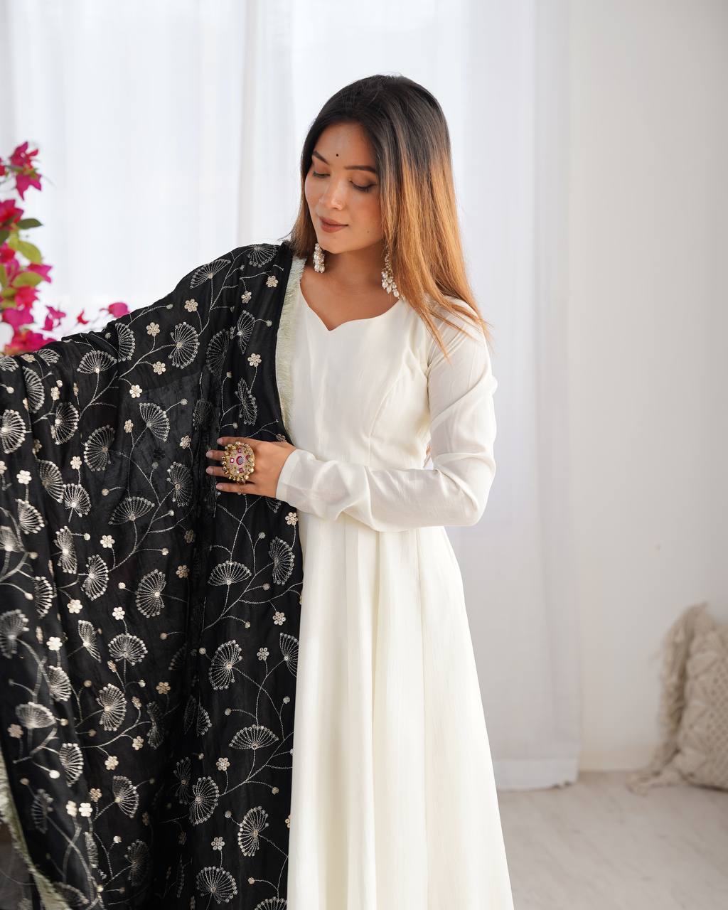 Elegant White Anarkali with Contrast Red Printed Dupatta