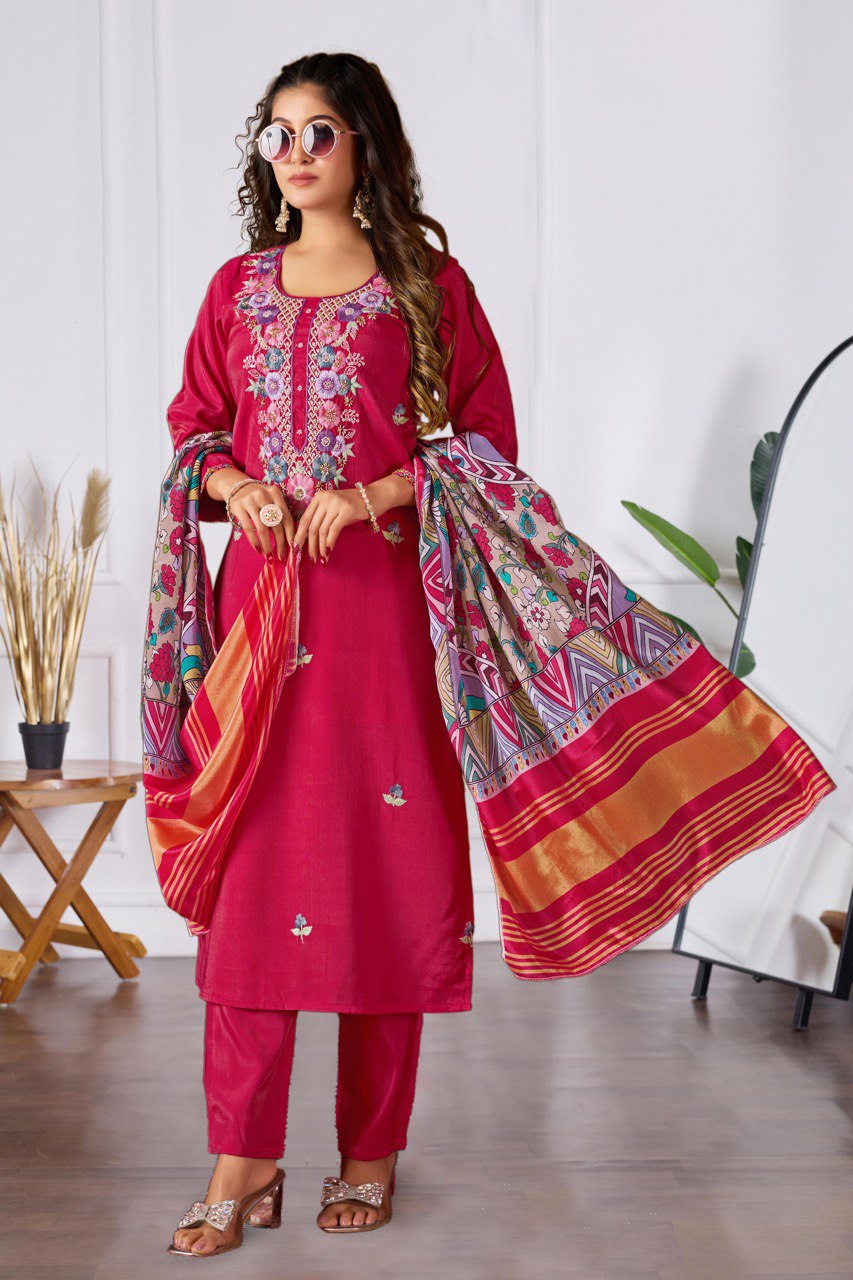 Magenta Chanderi Silk Suit with Floral Printed Dupatta & Pants