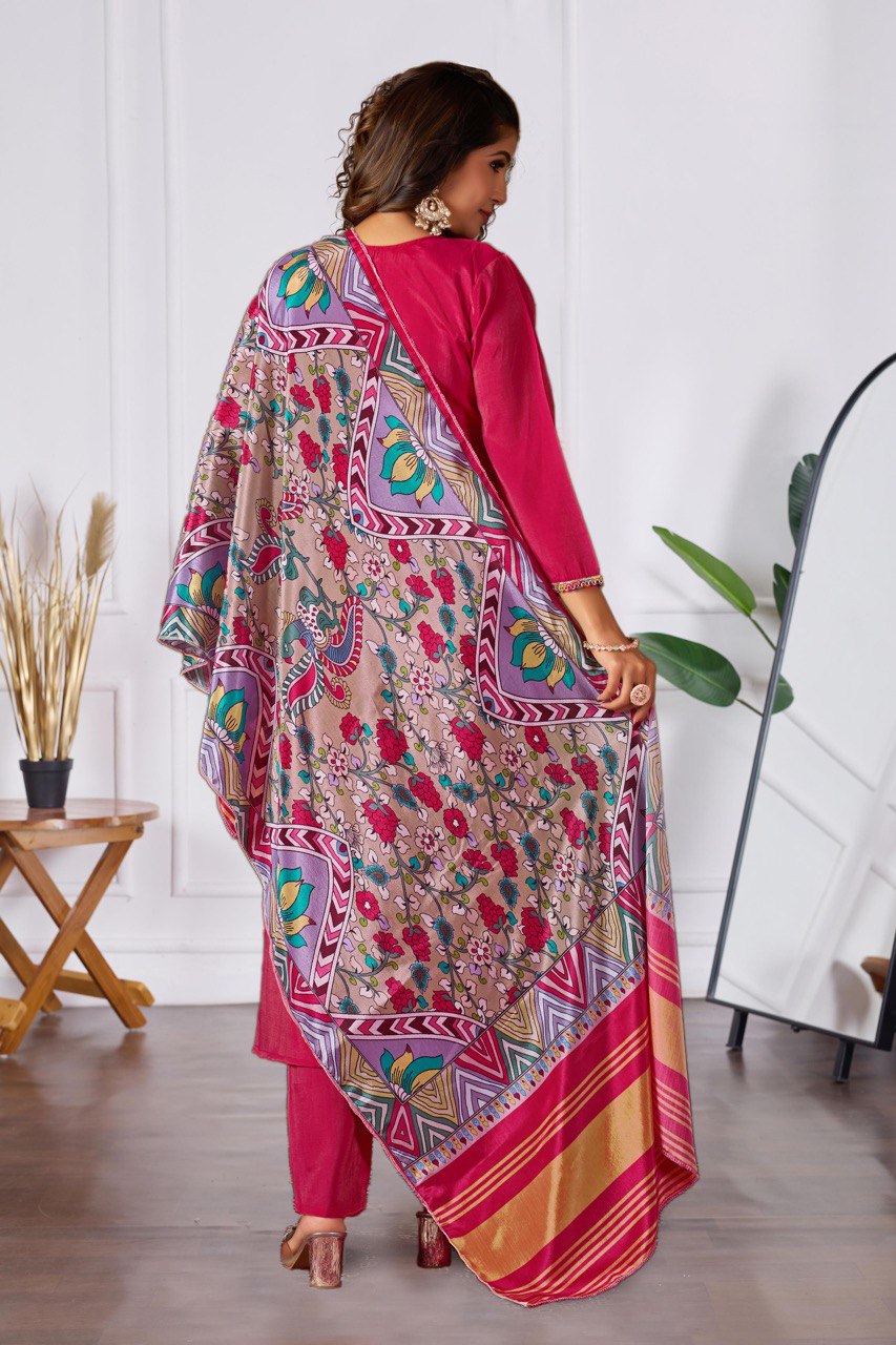 Magenta Chanderi Silk Suit with Floral Printed Dupatta & Pants
