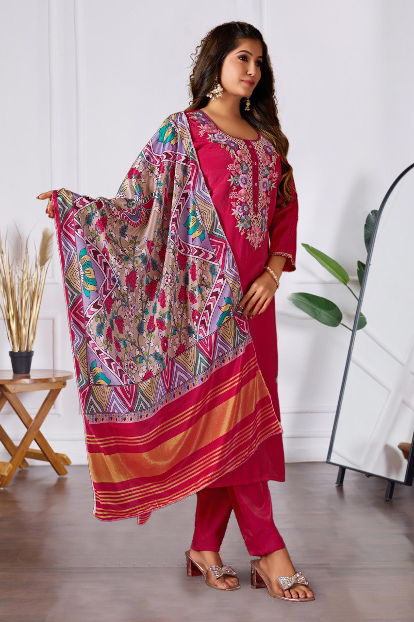 Magenta Chanderi Silk Suit with Floral Printed Dupatta & Pants