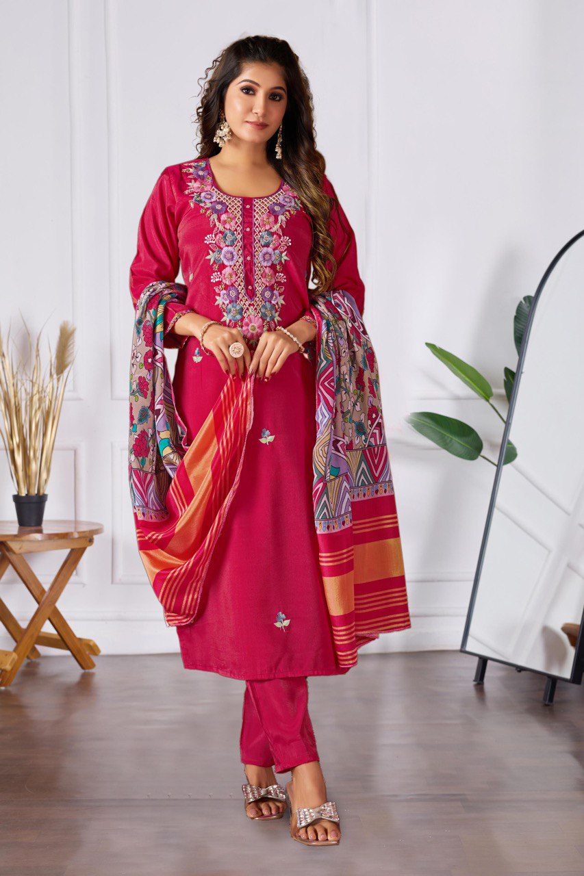Magenta Chanderi Silk Suit with Floral Printed Dupatta & Pants