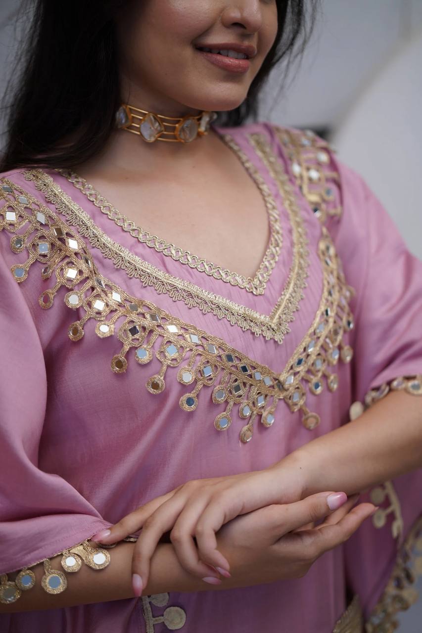 Lilac Kaftan & Pant Set with Golden Detailing