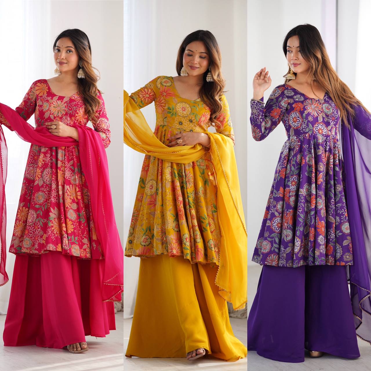 Olive Green Floral Anarkali with Palazzo and Dupatta