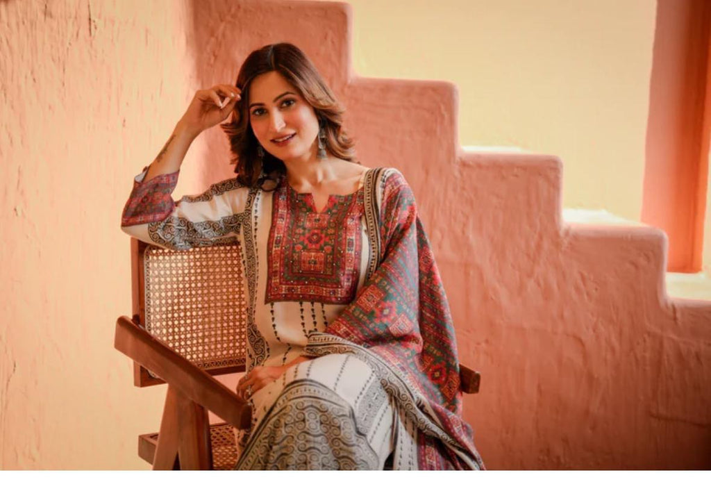 Elegant Cream Suit with Printed Dupatta and Black Trousers