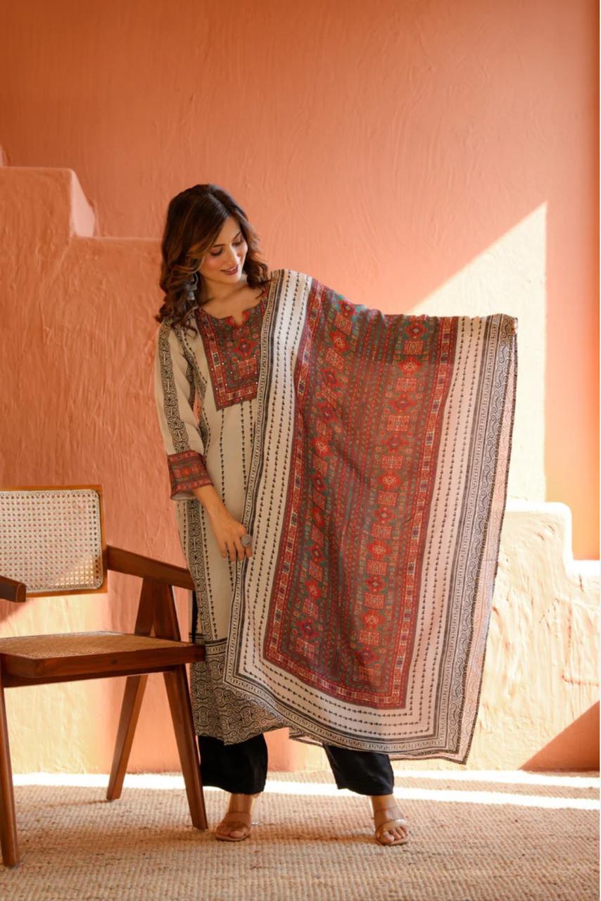 Elegant Cream Suit with Printed Dupatta and Black Trousers