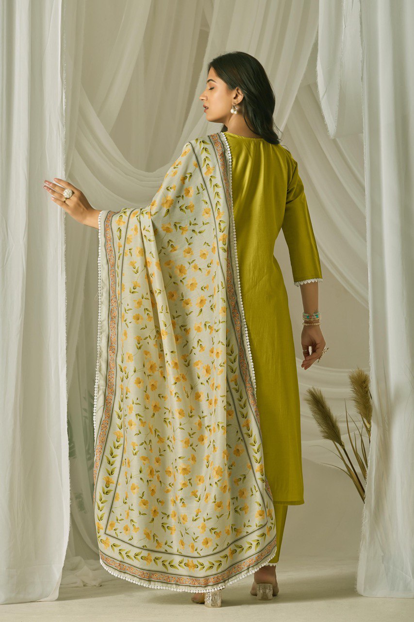 Lime Green Chanderi Silk Suit with Floral Dupatta & Pants