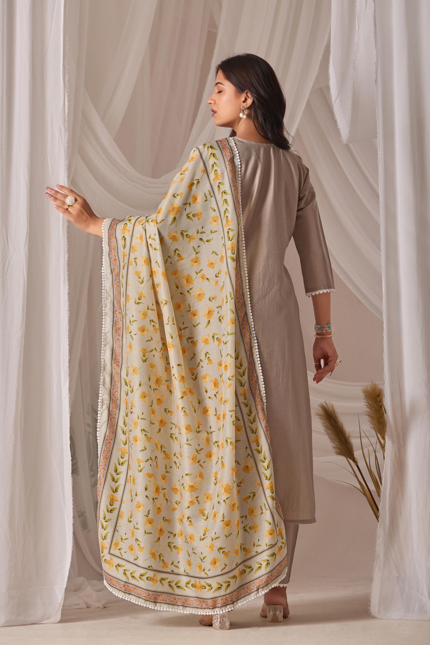 Lime Green Chanderi Silk Suit with Floral Dupatta & Pants