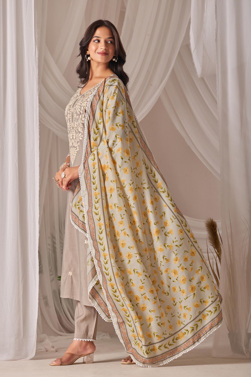Lime Green Chanderi Silk Suit with Floral Dupatta & Pants