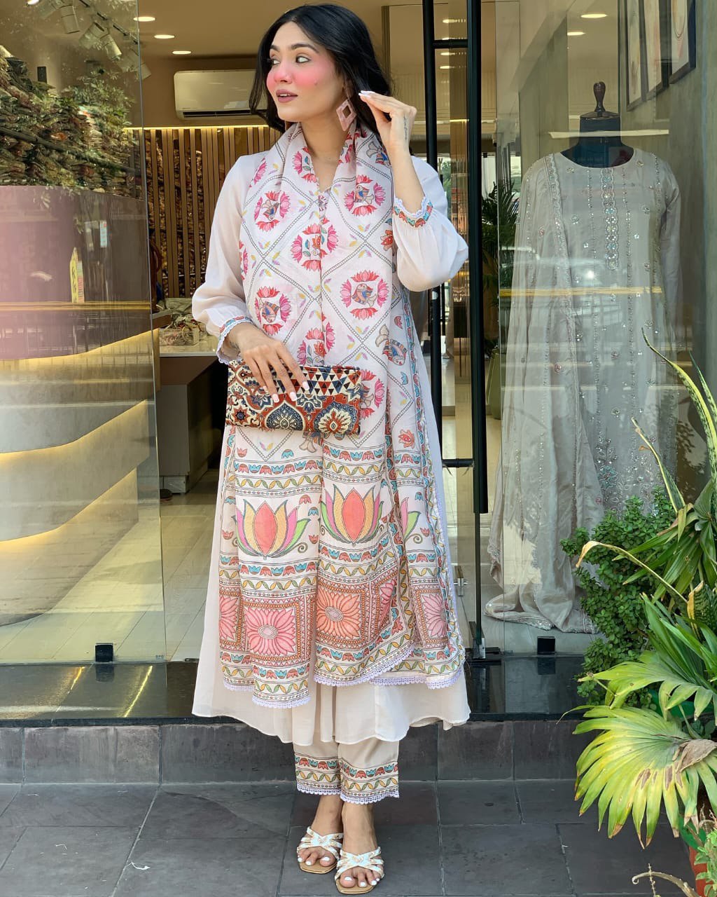 Pastel-Toned Set Crafted Mul Chanderi 3 Pcs Suit Set