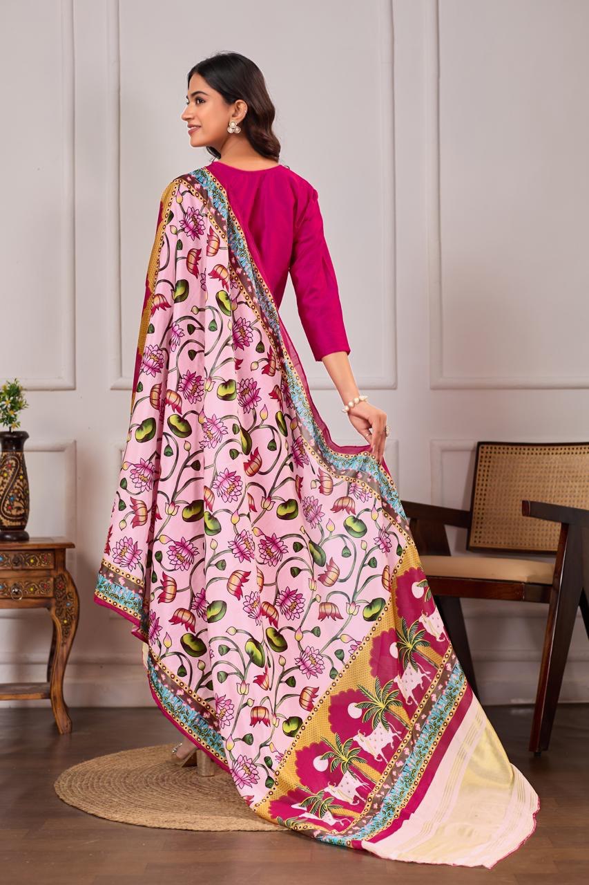 Pichwai Grace – Fuchsia Coloured Chanderi Silk Suit Set