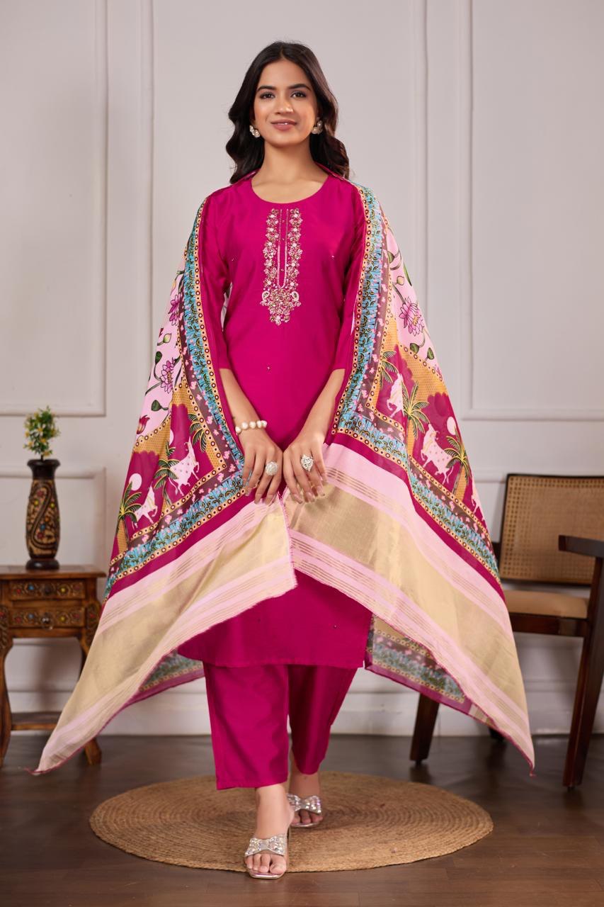Pichwai Grace – Fuchsia Coloured Chanderi Silk Suit Set