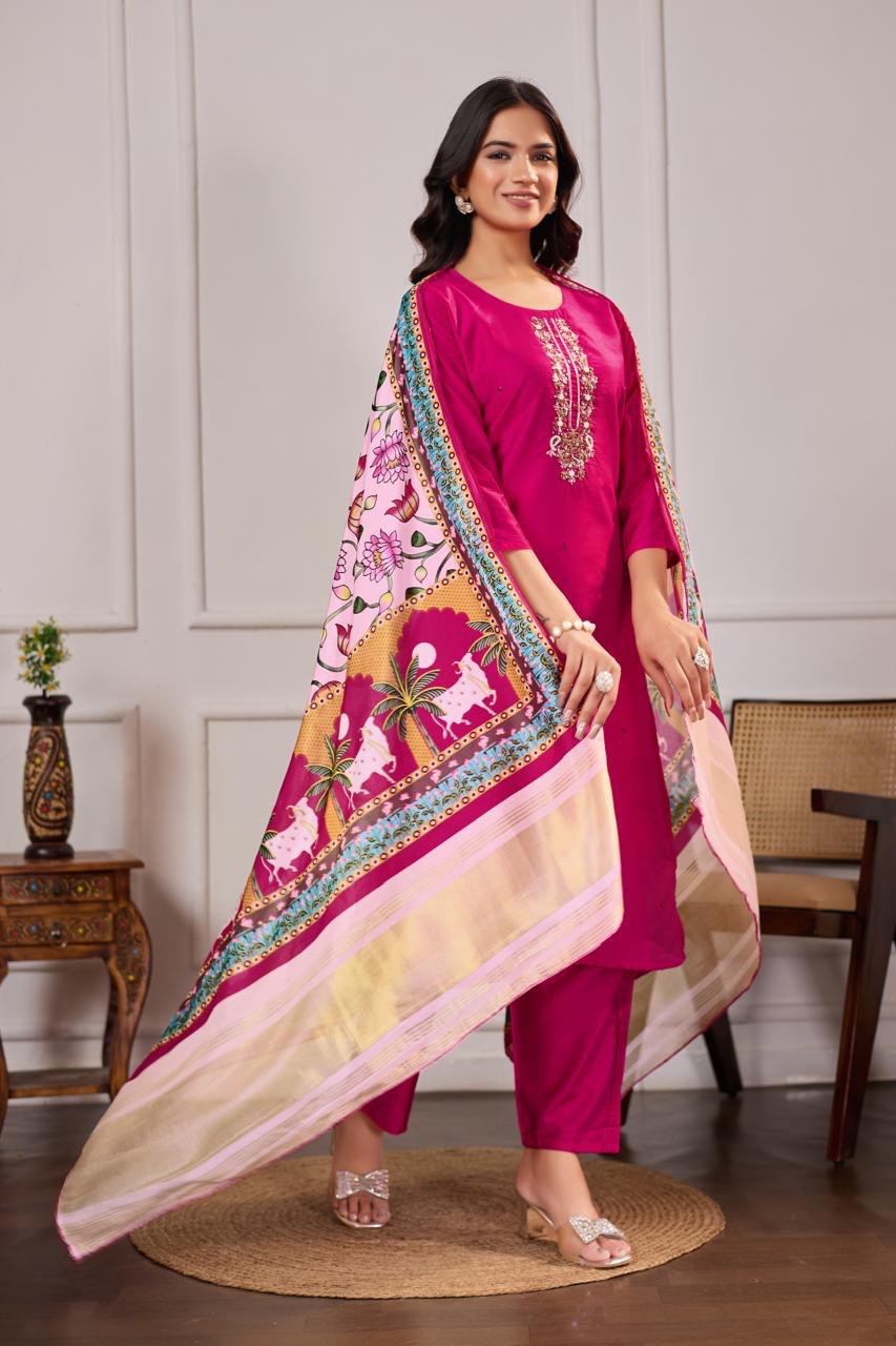 Pichwai Grace – Fuchsia Coloured Chanderi Silk Suit Set