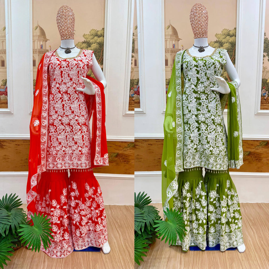 Elegant Red Sharara Suit with Intricate White Embroidery