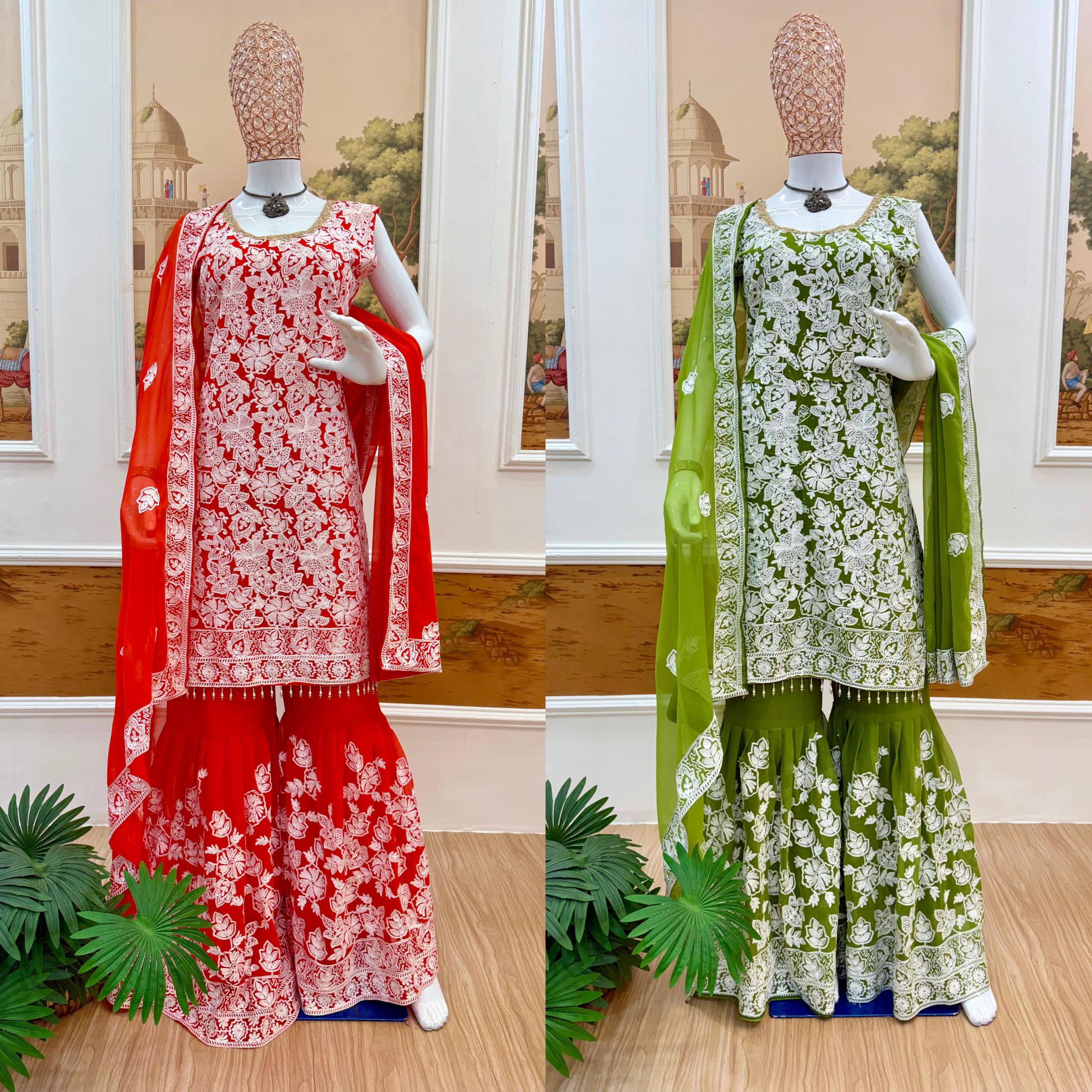 Elegant Red Sharara Suit with Intricate White Embroidery