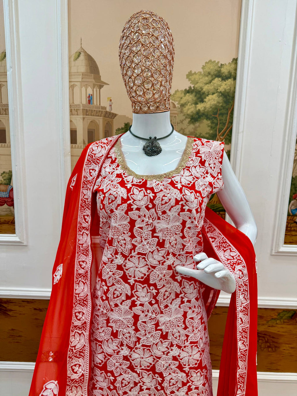 Elegant Red Sharara Suit with Intricate White Embroidery
