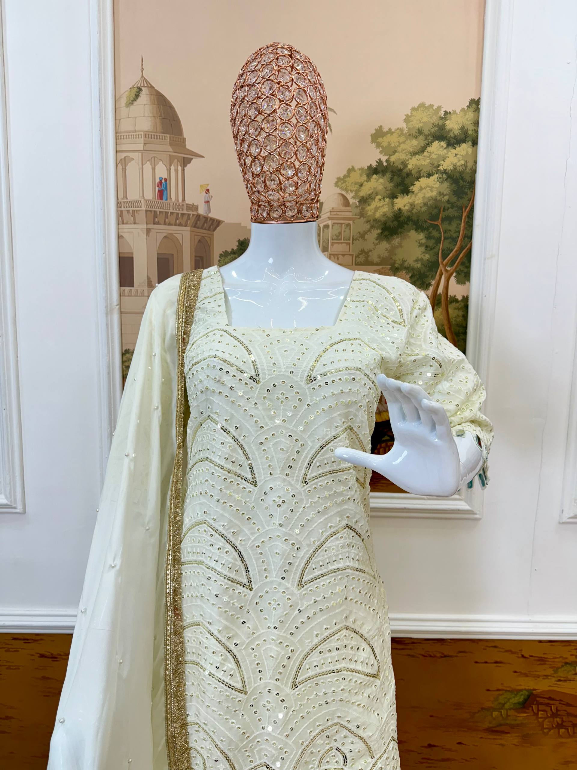 Elegant Off-White Sharara Suit with Intricate Sequin Work