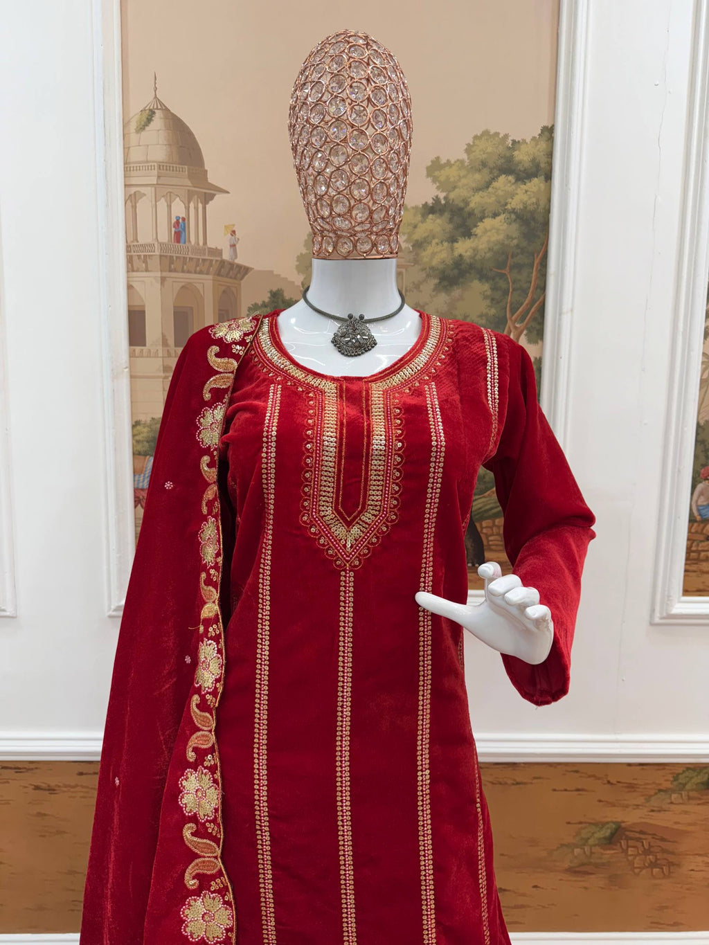 Regal Red Velvet Suit with Elaborate Gold Embroidery