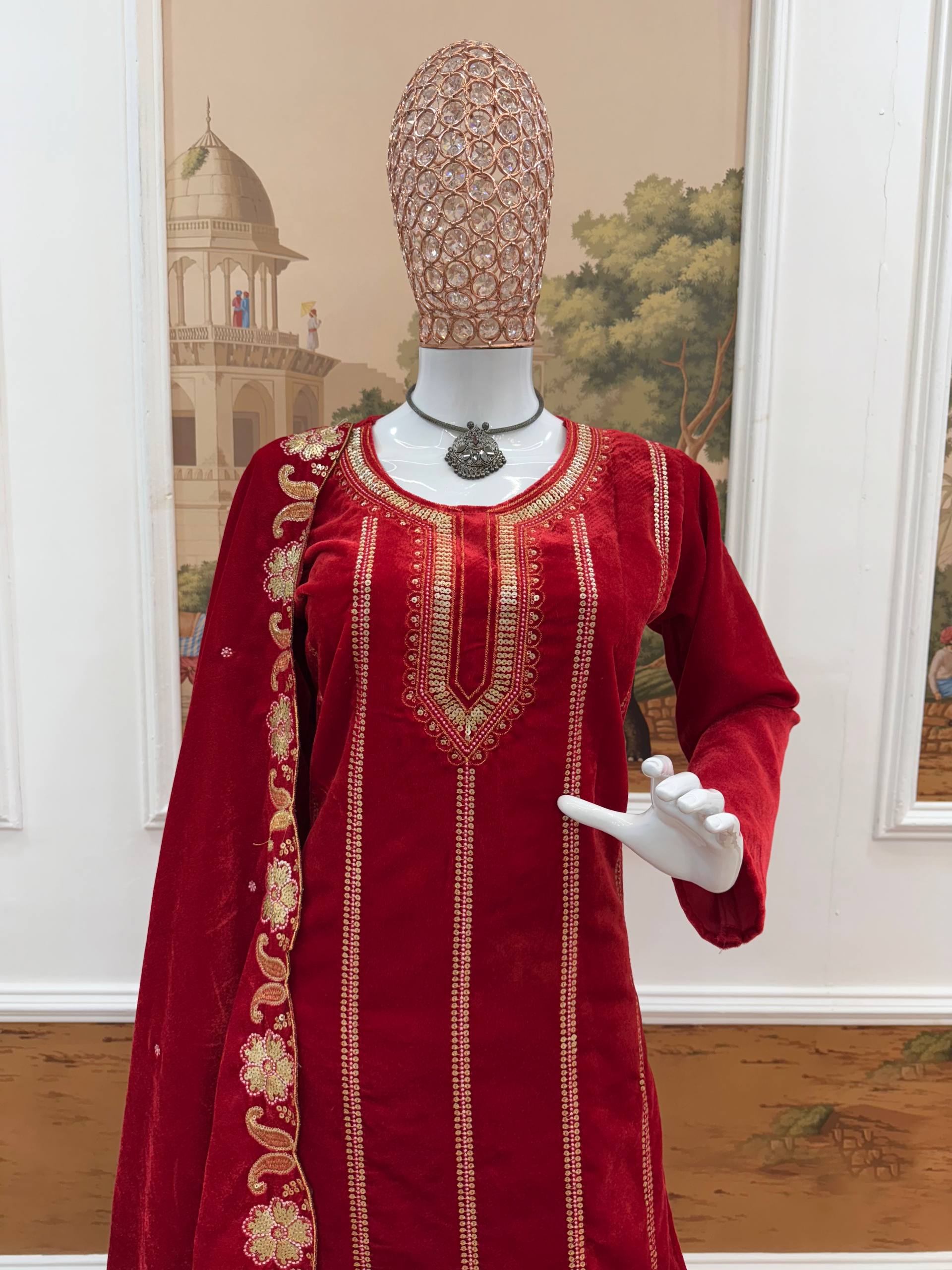 Regal Red Velvet Suit with Elaborate Gold Embroidery
