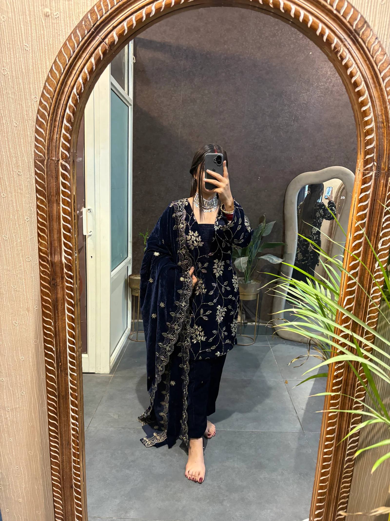 Luxurious Velvet Kurta Set with Gold Embroidery