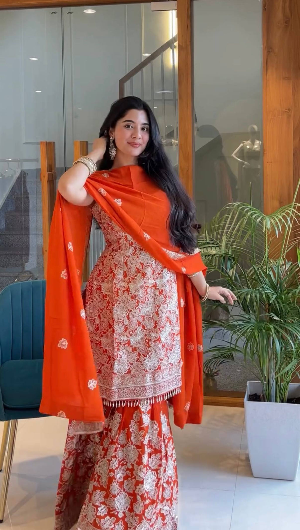 Elegant Red Sharara Suit with Intricate White Embroidery