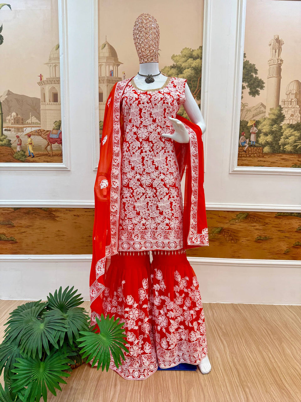 Elegant Red Sharara Suit with Intricate White Embroidery