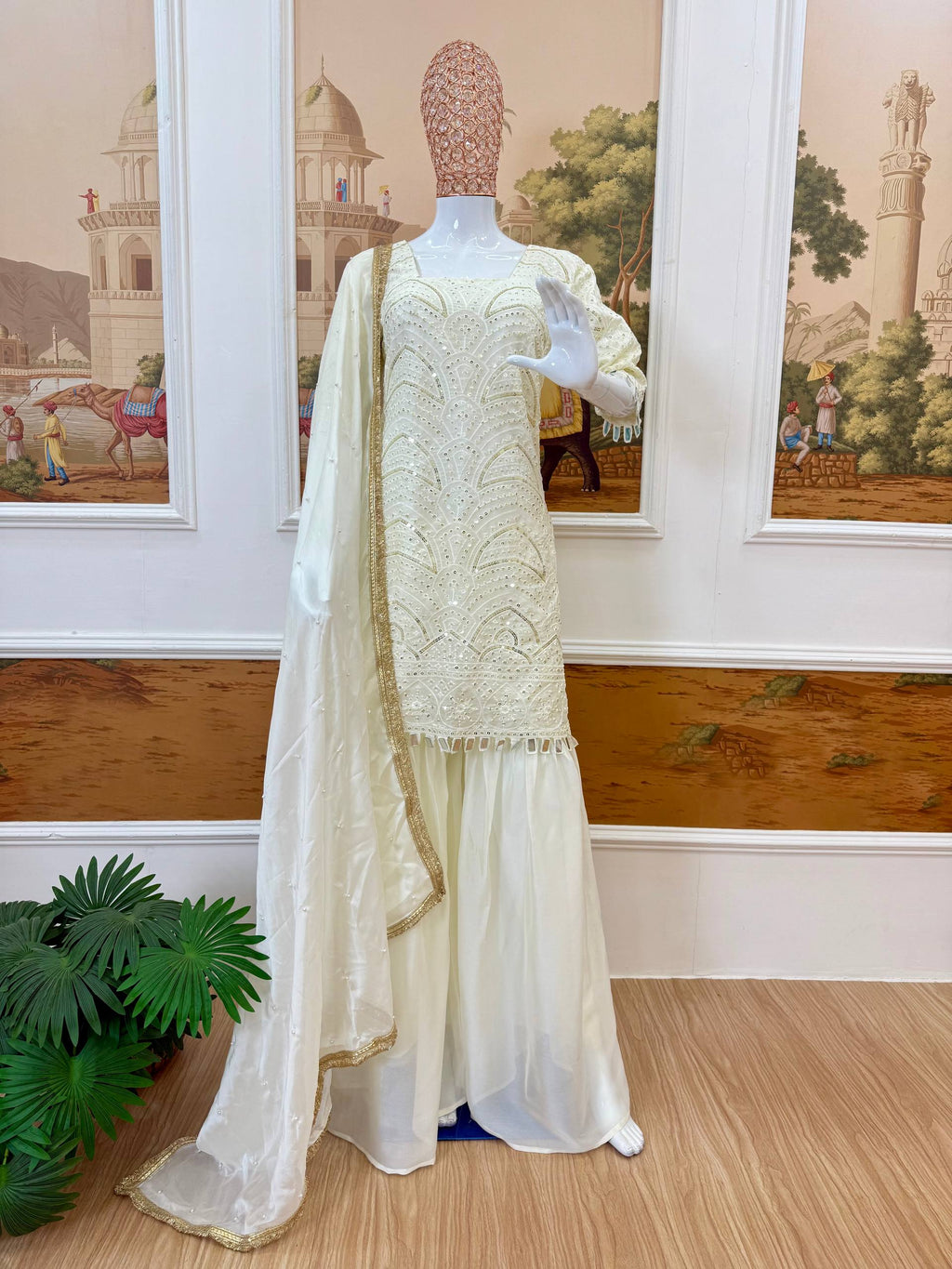 Elegant Off-White Sharara Suit with Intricate Sequin Work