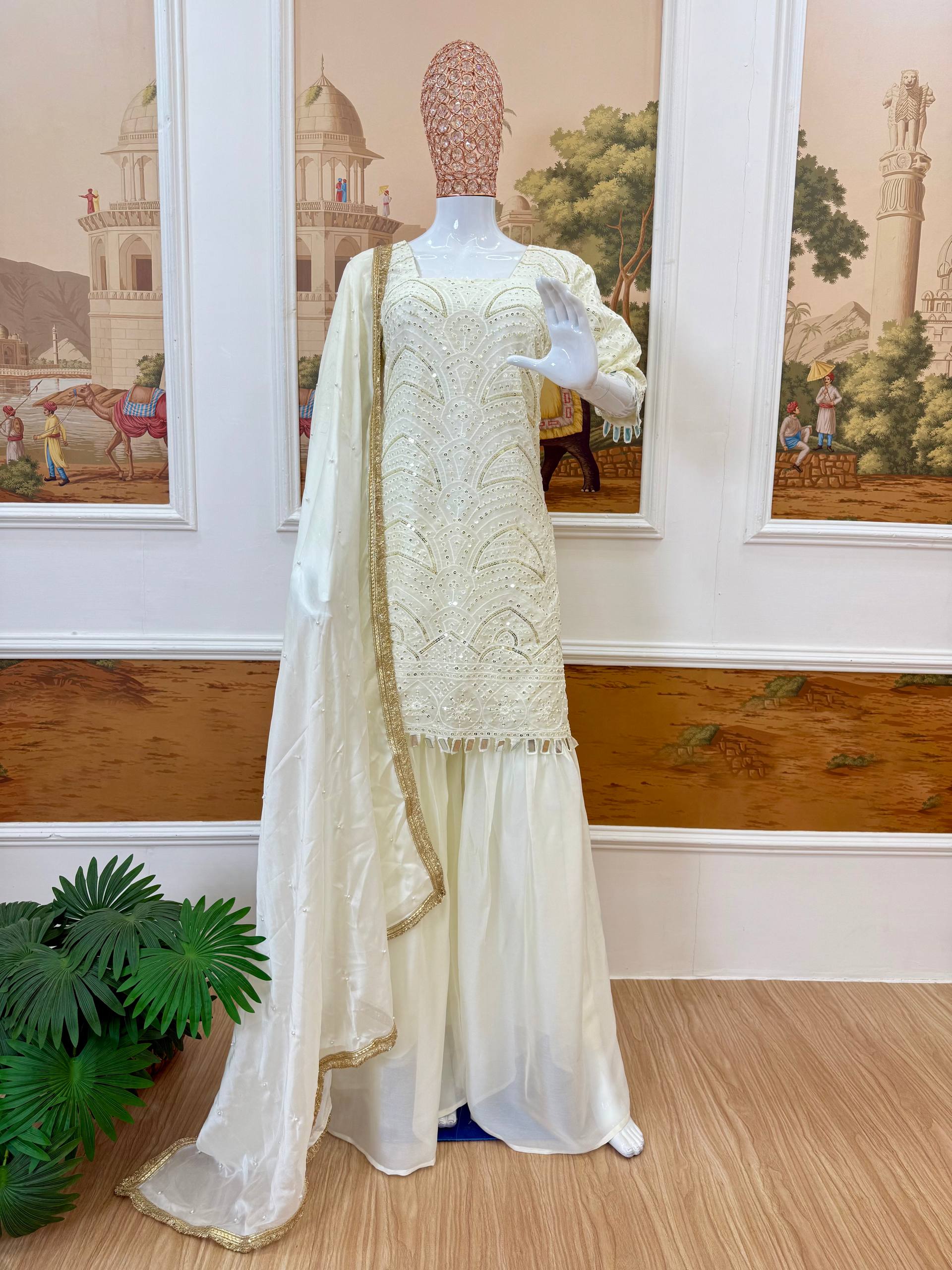 Elegant Off-White Sharara Suit with Intricate Sequin Work